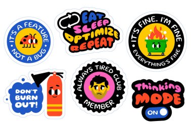 Komik ve motive edici teknoloji temalı alıntılar içeren renkli vektör çıkartmaları. Yorgunluk, kodlama, uyku ve hata ayıklama esprilerini de içeriyor. Geliştiriciler, dizüstü bilgisayarlar ya da dijital kültür için mükemmel.