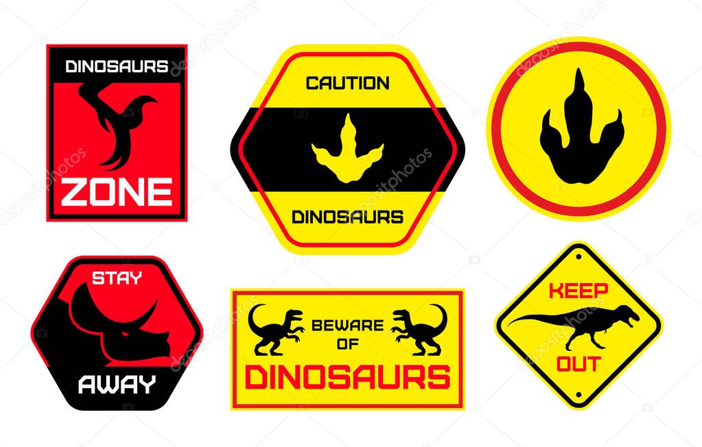 Set of warning signs with dinosaur silhouettes and footprints in red, yellow, and black. Prehistoric danger zone icons in flat vector style, perfect for themed parks, posters, or educational use.