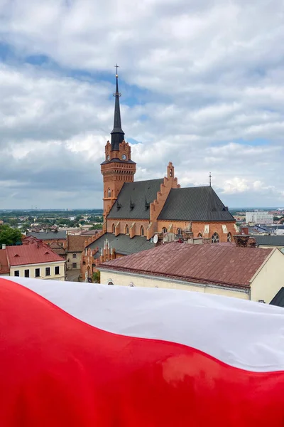 Cathedral Church Holy Family Tarnow Poland National Flag Poland Foreground — Stock Photo, Image