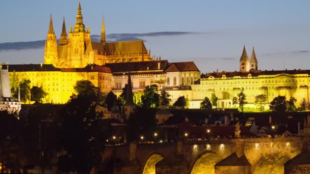 查尔斯桥和布拉格城堡在晚上 捷克共和国 布拉格城景的夜景 与布拉格城堡和卡尔洛夫大多数桥横跨Vltava河 特写镜头 还在开枪 — 图库视频影像