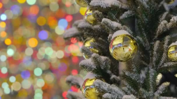Traditional Xmas Ball Fir Tree Branch Close Christmas Tree Gold — Stock Video