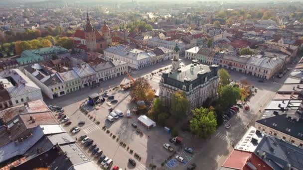 Aerial View Central Market Square Sunrise Nowy Sacz Town Poland — Stock Video