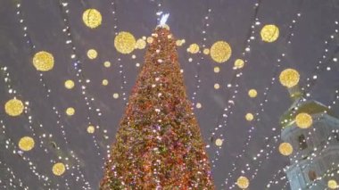 Ukrayna 'nın başkenti Kyiv 2021' deki Sofya meydanındaki ana Noel ağacı yılı. Noel ve yeni yıl tatilleri boyunca gece kış fuarı. Yavaş sabit çekim..