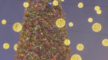 Geceleri açık havada ışıkları olan bir Noel ağacı ve yoğun kar yağışı. Avrupa 'da kar yağışı sırasında Noel ağacı. Kış tatili, Noel ve Yeni Yıl Kutlama sezonu