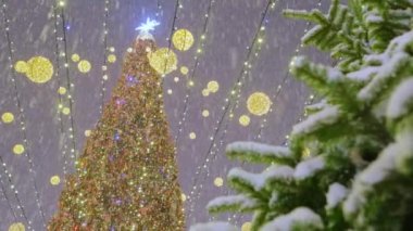 Geceleri açık havada ışıkları olan bir Noel ağacı ve yoğun kar yağışı. Avrupa 'da kar yağışı sırasında Noel ağacı. Kış tatili, Noel ve Yeni Yıl Kutlama sezonu