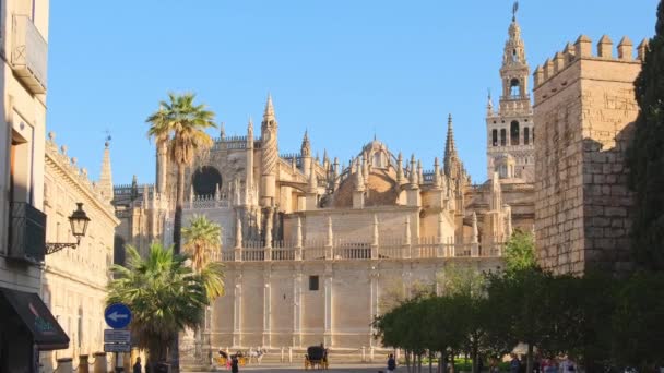 スペインのセビリア 2022年4月21日 スペインのアンダルシア地方にあるセビリア大聖堂 ゴシック様式の建築 遅い明らかに定常ショットの大聖堂 サンタ マリア セデで晴れた日 — ストック動画