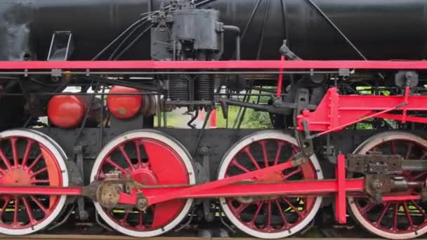 Steam Train Locomotive Close Tracking Shot Wheels Old Style Train — Stock Video