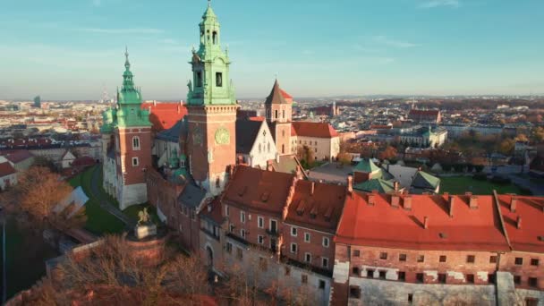 Historisch Koninklijk Wawel Kasteel Krakau Bij Zonsondergang Polen Uitzicht Vanuit — Stockvideo