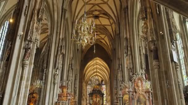 维恩市中心的圣斯蒂芬斯大教堂美丽的内部 奥地利维也纳老城的罗马天主教教堂 风格哥特式 Stephansdom教堂内视野缓慢而平稳的拍摄 — 图库视频影像