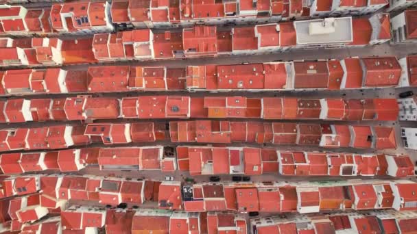ポルトガルのナザレ ナザレ旧市街に赤瓦の伝統的な屋根の上からの眺め 海岸沿いの伝統的な建築と狭い通りを持つポルトガルの海岸沿いの町の空中ドローンビュー — ストック動画