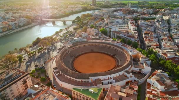 Vista Aérea Arena Corrida Maestrans Sevilla Atardecer España Imágenes Drones — Vídeo de stock