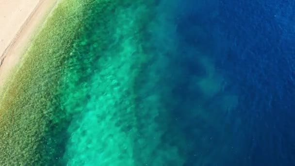 Aerial View Crystal Clear Turquoise Sea Water Empty Sand Beach — Wideo stockowe