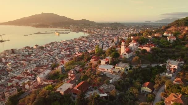 Zakynthos Şehrinin Yunanistan Zante Adasındaki Bochali Kentinden Havadan Görünüşü Gündoğumunda — Stok video