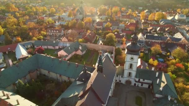 Aerial View Stary Sacz Town Autumn Sunset Lesser Poland Voivodeship — Stock video