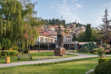 Ohrid, North Macedonia- June 21, 2021: Statue of Saint Naum located in the city center of Ohrid town, North Macedonia.