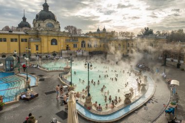 Budapest, Hungary - November 21, 2022: Historical Szechenyi Baths in winter in Budapest. The biggest bath complex in Europe. Historic Hungarian thermal baths in Europe. 