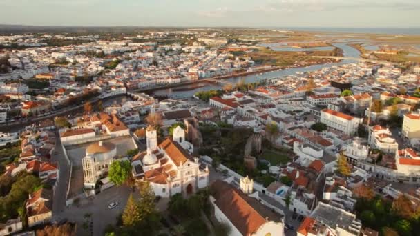 Centrum Miasta Tavira Miasta Porannym Słońcu Portugalia Widok Lotu Ptaka — Wideo stockowe