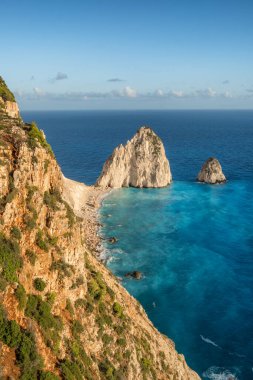 Keri cliffs on Zakynthos island, Ionian sea, Greece. Beautiful Akra Keri rock in the sea in Zante. Top view of the amazing sea coast with turquoise sea water on Zante Greek island