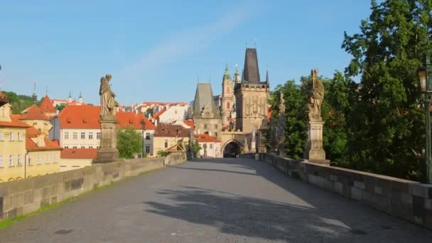 Pont Charles Sans Personnes Journée Ensoleillée Prague Statues Historiques Tour — Video