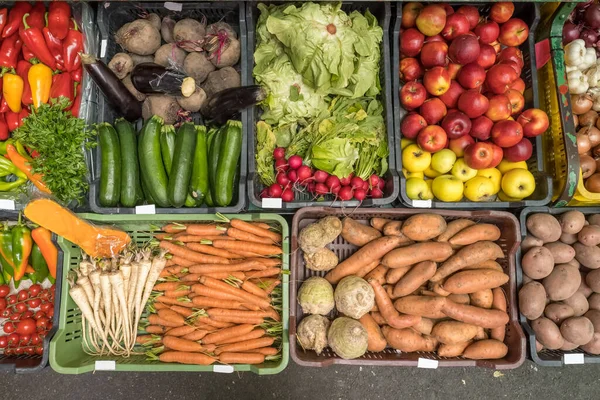 Разнообразие Овощей Стойке Овощного Рынка Морковь Редис Картофель Другие Овощи — стоковое фото