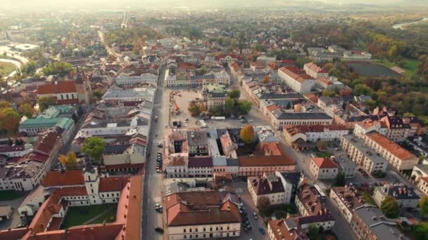 Luchtfoto Van Oude Stad Nowy Sacz Bij Zonsopgang Polen Marktplein — Stockvideo