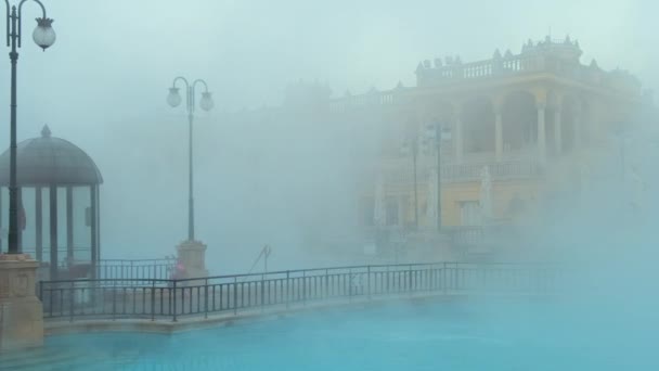 匈牙利布达佩斯的Szechenyi浴场在冬天的黎明时分匈牙利历史上在欧洲的温泉浴场 布达佩斯寒冷清晨著名的温泉浴场 热水池上的热蒸汽 — 图库视频影像