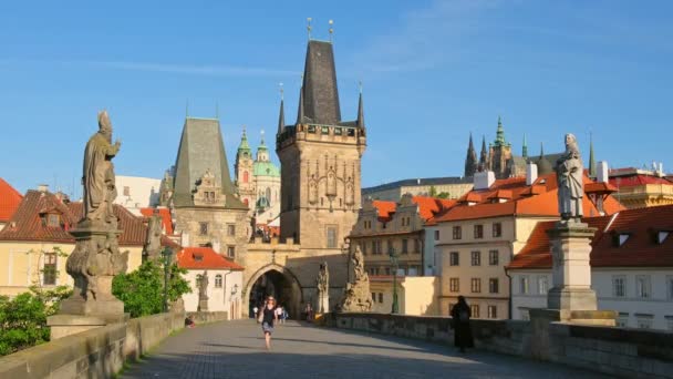 Czech Republic 2022年6月14日プラハの晴れた日に 歴史的な彫像と旧市街橋の塔があるカレル橋 有名なカルロフ橋の未確認観光客 — ストック動画