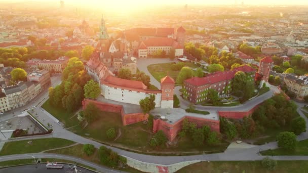 Castillo Real Wawel Río Vístula Amanecer Cracovia Polonia Vídeo Aéreo — Vídeo de stock