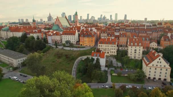 Warschau Oude Stad Stadsgezicht Bij Zonsondergang Polen Uitzicht Vanuit Lucht — Stockvideo