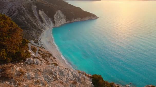 Sunset Famous Myrtos Beach Kefalonia Island Ionian Sea Greece Aerial — Stock Video