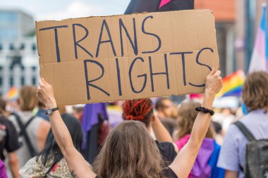 Geleneksel LGBT geçit töreninde pankart ve posterleri olan insanların dikiz görüntüsü. LGBTQ gururu sırasında Trans hakları taşıyan kimliği belirsiz kadın