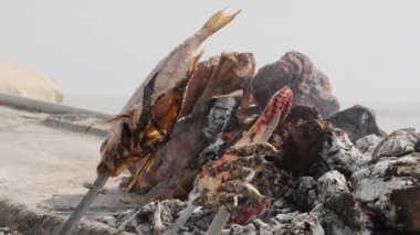 Malaga, Endülüs, İspanya sahillerinde balık barbeküsü. Tipik Malaga Gastronomisi. Plajdaki zeytin ağacında taze balık ve deniz ürünleri.. 