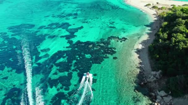 Aerial View Speedboats Crystal Clear Water Marathonisi Island Zakynthos Greece — Stock Video