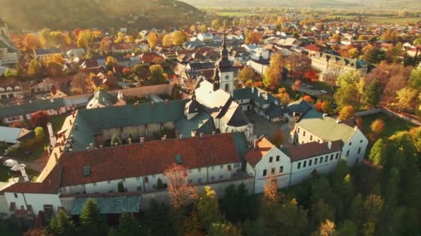 Aerial View Stary Sacz Town Autumn Sunset Lesser Poland Voivodeship — Wideo stockowe