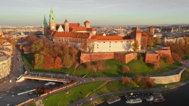 Histórico Castillo Real Wawel Cracovia Atardecer Región Malopolska Polonia Vista — Vídeo de stock