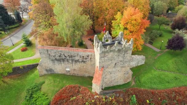 Vista Aérea Das Ruínas Castelo Real Cidade Nowy Sacz Durante — Vídeo de Stock
