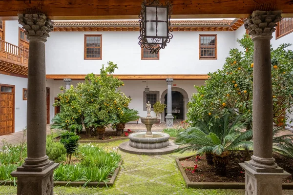 西班牙加那利群岛Tenerife San Cristobal Laguna具有历史意义的Casa Salazars内院景观 旧楼里的喷泉和果树园 — 图库照片