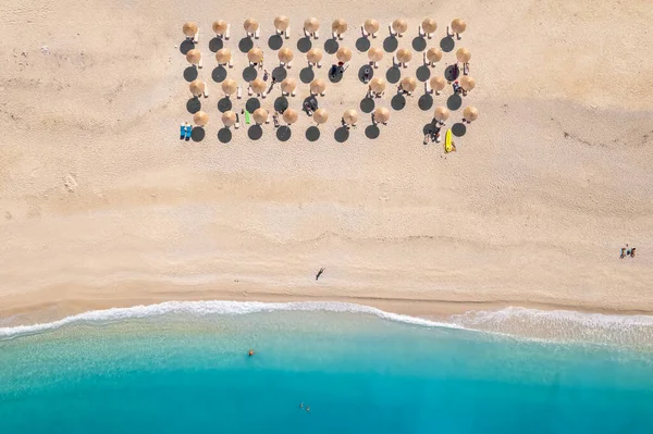 Stock image Beautiful Myrtos beach on a sunny summer day on Kefalonia island, Ionian sea, Greece. Idyllic white sandy beach on the shores of a beautiful turquoise sea. Top down aerial view of an empty beach 