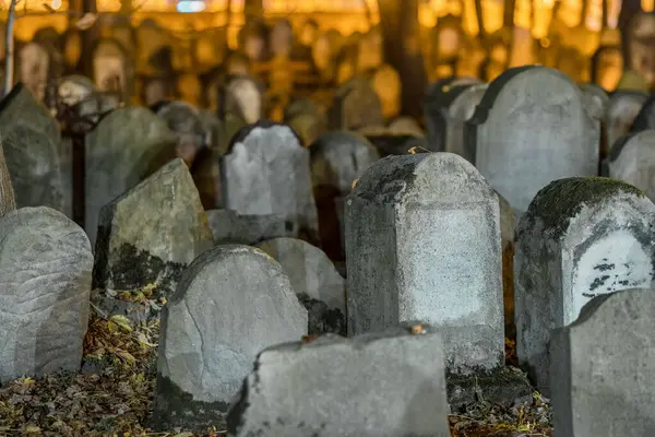 Tombstones Old Cemetery Night Blanketed Gravestones Create Spooky Scene Leaning — Stock Photo, Image
