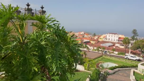 西班牙加那利群岛Tenerife的La Orotava镇的Jardines Del Marchos Ado Quinta Roja花园 缓慢稳定揭示镜头 Tenerife岛La Orotava镇的热带植物园 — 图库视频影像