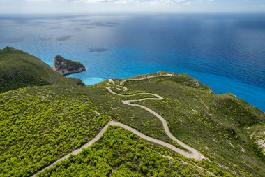 Aerial view of a beautiful coast road with high cliffs and turquoise sea water on Zakynthos island, Greece. Travel destination of the Zante island in Greece.  clipart