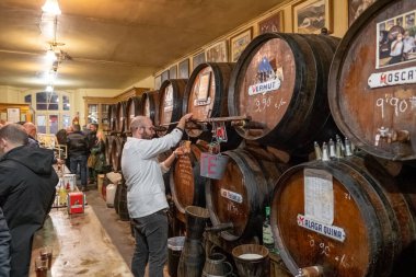 Malaga, İspanya - 10 Şubat 2023: Antigua Casa de Guardia, duvar boyunca varillerle yerel tatlı şarap ve tapas servis edilen geleneksel bir İspanyol barı. Malaga 'daki popüler tarihi içki işletmesi