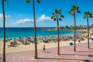 Gran Canaria, İspanya - 1 Şubat 2023: Playa de Amadores plajı Gran Canaria, Kanarya Adaları, İspanya. Kanarya adalarında lüks tatil yerleri. Palmiye ağaçları ve turkuaz deniz suyu plajı..