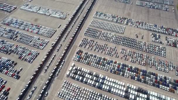 Luftaufnahme Von Neuwagen Die Zum Verkauf Einer Reihe Von Lagerplätzen — Stockvideo