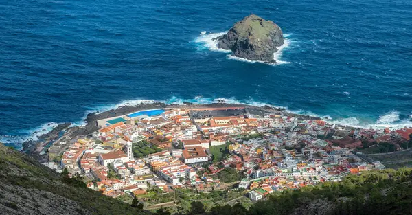 Top view of Garachico town of Tenerife, Canary Islands, Spain. Panorama of the colorful and beautiful coastal town of Garachico.