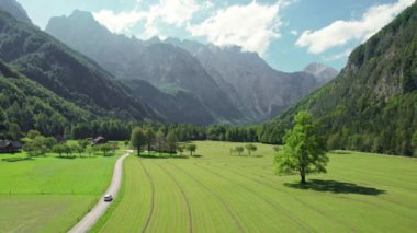 Dağlardaki yol manzarası, yeşil çayırlar, yazın ağaçlar. Kırsal yolun üst manzarası. Slovenya 'nın Logar Vadisi' nin güzel dağlık manzarasında kırsal yolda renkli bir manzara.