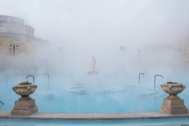 Szechenyi Hamamları kışın Budapeşte, Macaristan 'da. Avrupa 'da tarihi Macar termik banyosu. Budapeşte 'de soğuk kış sabahında ünlü termal banyolar.