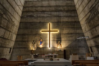 Podgorica, Montenegro - November 16, 2022: Interior of the unusual Catholic church in Podgorica. Panorama of the Church of the Holy Heart of Jesus, Podgorica