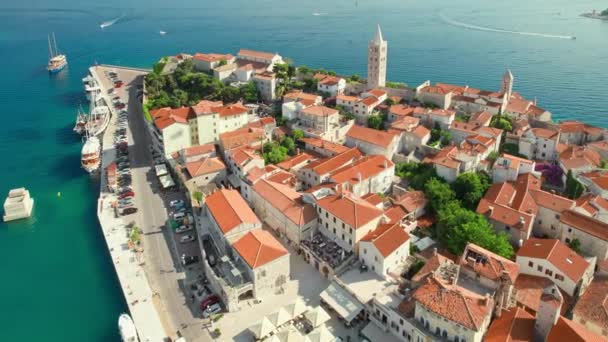 Rab Town Cityscape Croatian Island Rab Bell Tower Cathedral Aerial — Stock Video