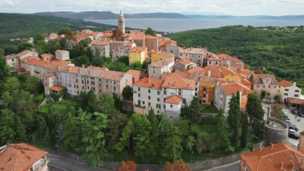 Aerial View Labin Old Town Traditional Old Bell Tower Beautiful — Stock Video